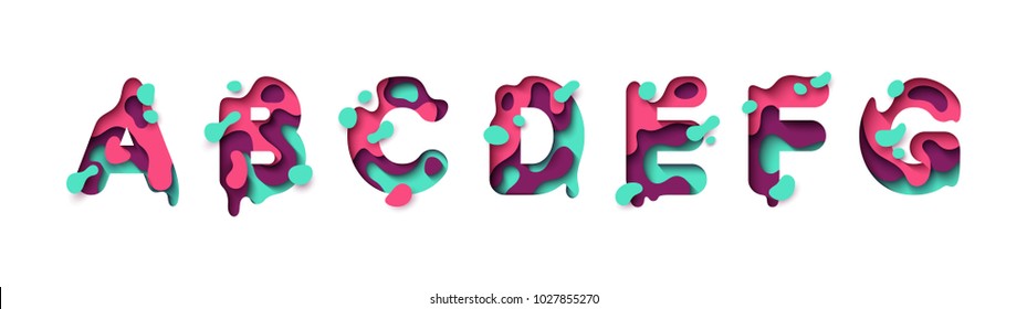 Paper cut letter A, B, C, D, E, F, G. Design 3d sign isolated on white background. Alphabet font of melting liquid.