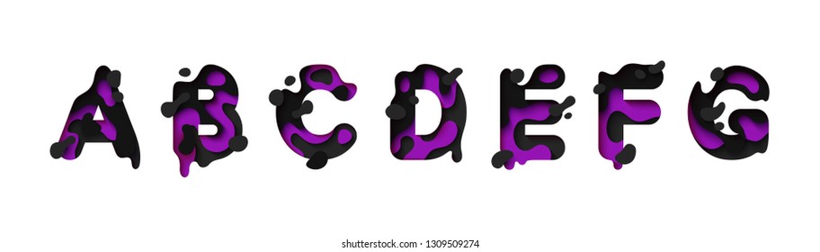 	
Paper cut letter A, B, C, D, E, F, G. Design 3d sign isolated on white background. Alphabet font of melting liquid.