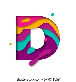 Paper cut letter D. Realistic 3D multi layers papercut effect isolated on white background. Colorful character of alphabet letter font. Decoration origami element for birthday or greeting design