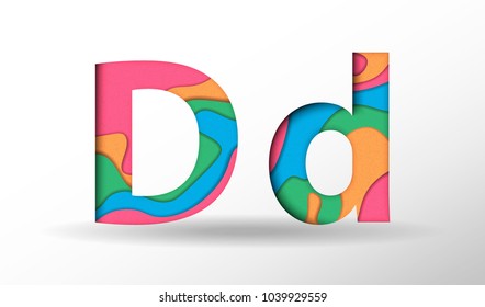 Paper cut letter D. Vector illustration. Realistic 3D trendy alphabet. Papercut effect font with shadow on white background.