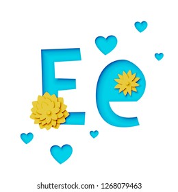 Paper cut letter e with flowers, realistic 3d vector design