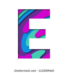 Letra de papel cortada E. Efecto de papeleo 3D multicapas realistas aislado sobre fondo blanco. Carácter colorido de la letra del alfabeto. Elemento de origami de decoración para icono del logotipo, diseño de fiesta de cumpleaños.