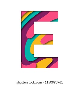 Paper cut letter E. Realistic 3D multi layers papercut effect isolated on white background. Colorful character of alphabet letter font. Decoration origami element for logo icon, birthday party design.