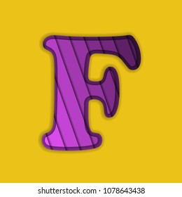 Paper cut letter F. 3D papercut effect isolated on yellow background. Violet character of alphabet letter font