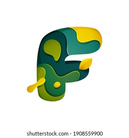 Paper cut letter F logo. Layer carving style effect icon. Green origami element perfect for agriculture labels, eco friendly food emblem, landscape posters and garden identity, etc.