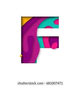 Paper cut letter F. Realistic 3D multi layers papercut effect isolated on white background. Colorful character of alphabet letter font. Decoration origami element for birthday or greeting design