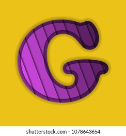 Paper cut letter G. 3D papercut effect isolated on yellow background. Violet character of alphabet letter font