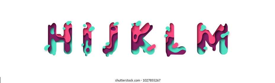 Paper cut letter H, I, J, K, L, M. Design 3d sign isolated on white background. Alphabet font of melting liquid.