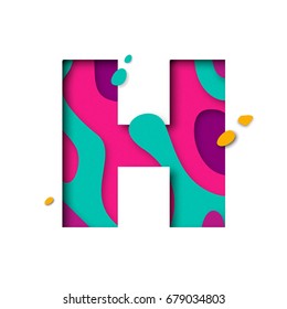 Paper cut letter H. Realistic 3D multi layers papercut effect isolated on white background. Colorful character of alphabet letter font. Decoration origami element for birthday or greeting design