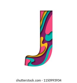 Paper cut letter J. Realistic 3D multi layers papercut effect isolated on white background. Colorful character of alphabet letter font. Decoration origami element for logo icon, birthday party design.