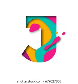 Paper cut letter J. Realistic 3D multi layers papercut effect isolated on white background. Colorful character of alphabet letter font. Decoration origami element for birthday or greeting design.