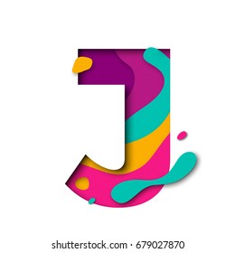 Paper cut letter J. Realistic 3D multi layers papercut effect isolated on white background. Colorful character of alphabet letter font. Decoration origami element for birthday or greeting design.