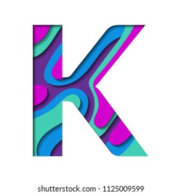 Paper cut letter K. Realistic 3D multi layers papercut effect isolated on white background. Colorful character of alphabet letter font. Decoration origami element for logo icon, birthday party design.