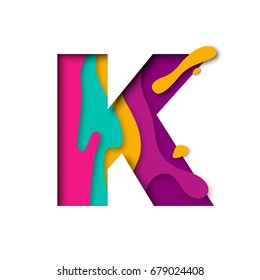 Paper cut letter K. Realistic 3D multi layers papercut effect isolated on white background. Colorful character of alphabet letter font. Decoration origami element for birthday or greeting design.