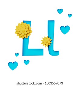 Paper cut letter L with flowers, realistic 3d vector design