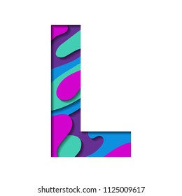 Paper cut letter L. Realistic 3D multi layers papercut effect isolated on white background. Colorful character of alphabet letter font. Decoration origami element for logo icon, birthday party design.