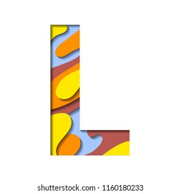 Paper cut letter L. Realistic 3D multi layers papercut effect isolated on white background. Colorful character of alphabet letter font. Decoration origami element for logo icon, birthday party design.