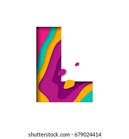 Paper cut letter L. Realistic 3D multi layers papercut effect isolated on white background. Colorful character of alphabet letter font. Decoration origami element for birthday or greeting design.