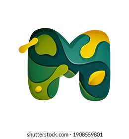 Papierschnitt M Logo. Ebenenschnitzereien-Stileffekt-Symbol. Grünes Origami-Element perfekt für Agraretiketten, umweltfreundliches Lebensmitteletikett, Landschaftspopster und Gartenidentität, etc.