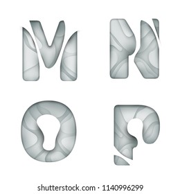 Paper cut letter M N O P isolated on white background. Modern 3d design for advertising, branding greeting card, cover, poster, banner. Clear character of alphabet font. Vector illustration.