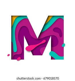 Paper cut letter M. Realistic 3D multi layers papercut effect isolated on white background. Colorful character of alphabet letter font. Decoration origami element for birthday or greeting design.