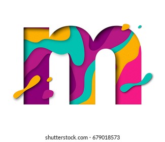 Paper cut letter M. Realistic 3D multi layers papercut effect isolated on white background. Colorful character of alphabet letter font. Decoration origami element for birthday or greeting design.