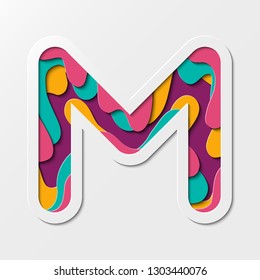 Paper cut letter M Symbol. Realistic 3D multi layers paper cut effect isolated on white background. Suitable for fun and happy things.