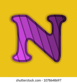 Paper cut letter N. 3D papercut effect isolated on yellow background. Violet character of alphabet letter font