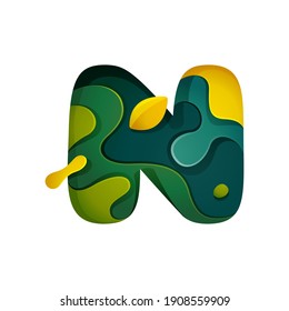 Paper cut letter N logo. Layer carving style effect icon. Green origami element perfect for agriculture labels, eco friendly food emblem, landscape posters and garden identity, etc.