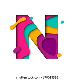 Paper cut letter N. Realistic 3D multi layers papercut effect isolated on white background. Colorful character of alphabet letter font. Decoration origami element for birthday or greeting design.