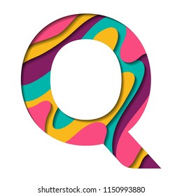 Paper cut letter Q. Realistic 3D multi layers papercut effect isolated on white background. Colorful character of alphabet letter font. Decoration origami element for logo icon, birthday party design.