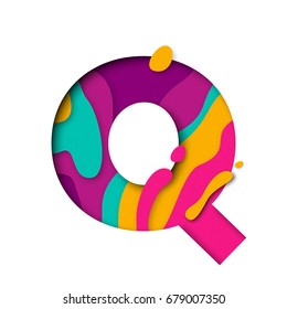 Paper cut letter Q. Realistic 3D multi layers papercut effect isolated on white background. Colorful character of alphabet letter font. Decoration origami element for birthday or greeting design