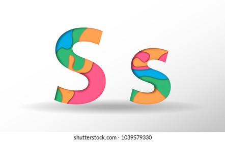 Paper cut letter S. Vector illustration. Realistic 3D trendy alphabet. Papercut effect font with shadow on white background.