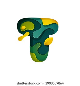 Paper cut letter T logo. Layer carving style effect icon. Green origami element perfect for agriculture labels, eco friendly food emblem, landscape posters and garden identity, etc.