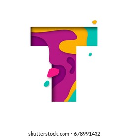 Paper cut letter T. Realistic 3D multi layers papercut effect isolated on white background. Colorful character of alphabet letter font. Decoration origami element for birthday or greeting design