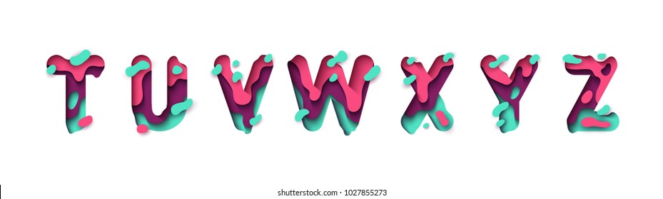 Paper cut letter T, U, V, W, X, Y, Z. Design 3d sign isolated on white background. Alphabet font of melting liquid.