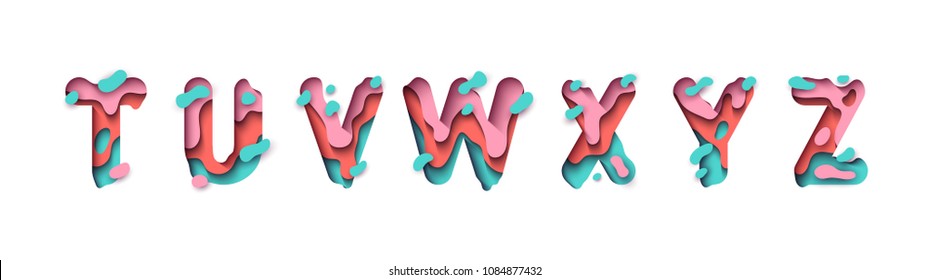 Paper cut letter T, U, V, W, X, Y, Z. Design 3d sign isolated on white background. Alphabet font of melting liquid.