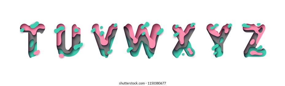 Papierhalbbuchstabe T, U, V, W, X, Y, Z. Design-3D-Zeichen einzeln auf weißem Hintergrund. Alphabet-Schriftart der Schmelzflüssigkeit.