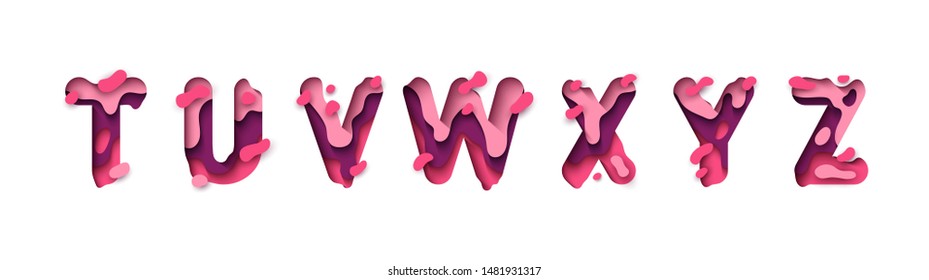 Paper cut letter T, U, V, W, X, Y, Z. Design 3d sign isolated on white background. Alphabet font of melting liquid.