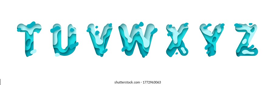 Paper cut letter T, U, V, W, X, Y, Z. Design 3d sign isolated on white background. Alphabet font of melting liquid. vector illustration