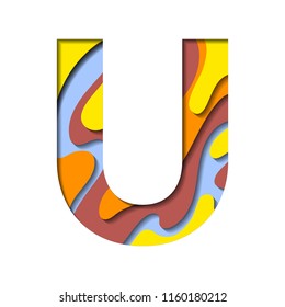 Paper cut letter U. Realistic 3D multi layers papercut effect isolated on white background. Colorful character of alphabet letter font. Decoration origami element for logo icon, birthday party design.