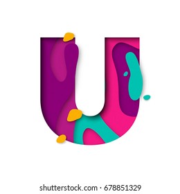 Paper cut letter U. Realistic 3D multi layers papercut effect isolated on white background. Colorful character of alphabet letter font. Decoration origami element for birthday or greeting design