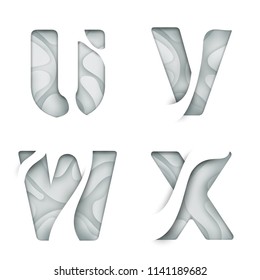 Paper cut letter U V W X isolated on white background. Modern 3d design for advertising, branding greeting card, cover, poster, banner. Clear character of alphabet font. Vector illustration.