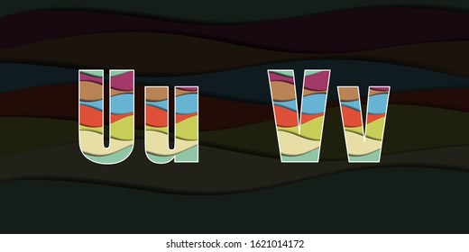 Paper cut letter U and V. Colorful character of alphabet letter font. birthday or greeting design.