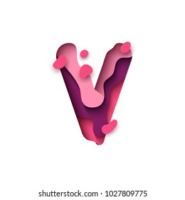 Paper cut letter V. Design 3d sign isolated on white background. Alphabet font of melting liquid.