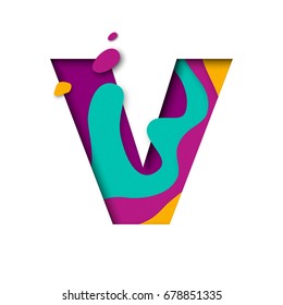 Paper cut letter V. Realistic 3D multi layers papercut effect isolated on white background. Colorful character of alphabet letter font. Decoration origami element for birthday or greeting design