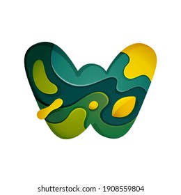 Paper cut letter W logo. Layer carving style effect icon. Green origami element perfect for agriculture labels, eco friendly food emblem, landscape posters and garden identity, etc.