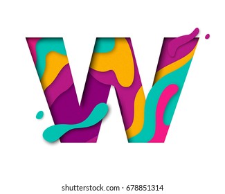 Paper cut letter W. Realistic 3D multi layers papercut effect isolated on white background. Colorful character of alphabet letter font. Decoration origami element for birthday or greeting design