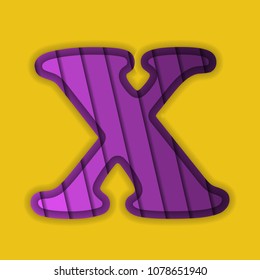 Paper cut letter X. 3D papercut effect isolated on yellow background. Violet character of alphabet letter font