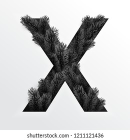 Paper cut letter X. Hole with protruding branches of the black Christmas tree. Design 3d sign isolated on white background. illustration in vector.